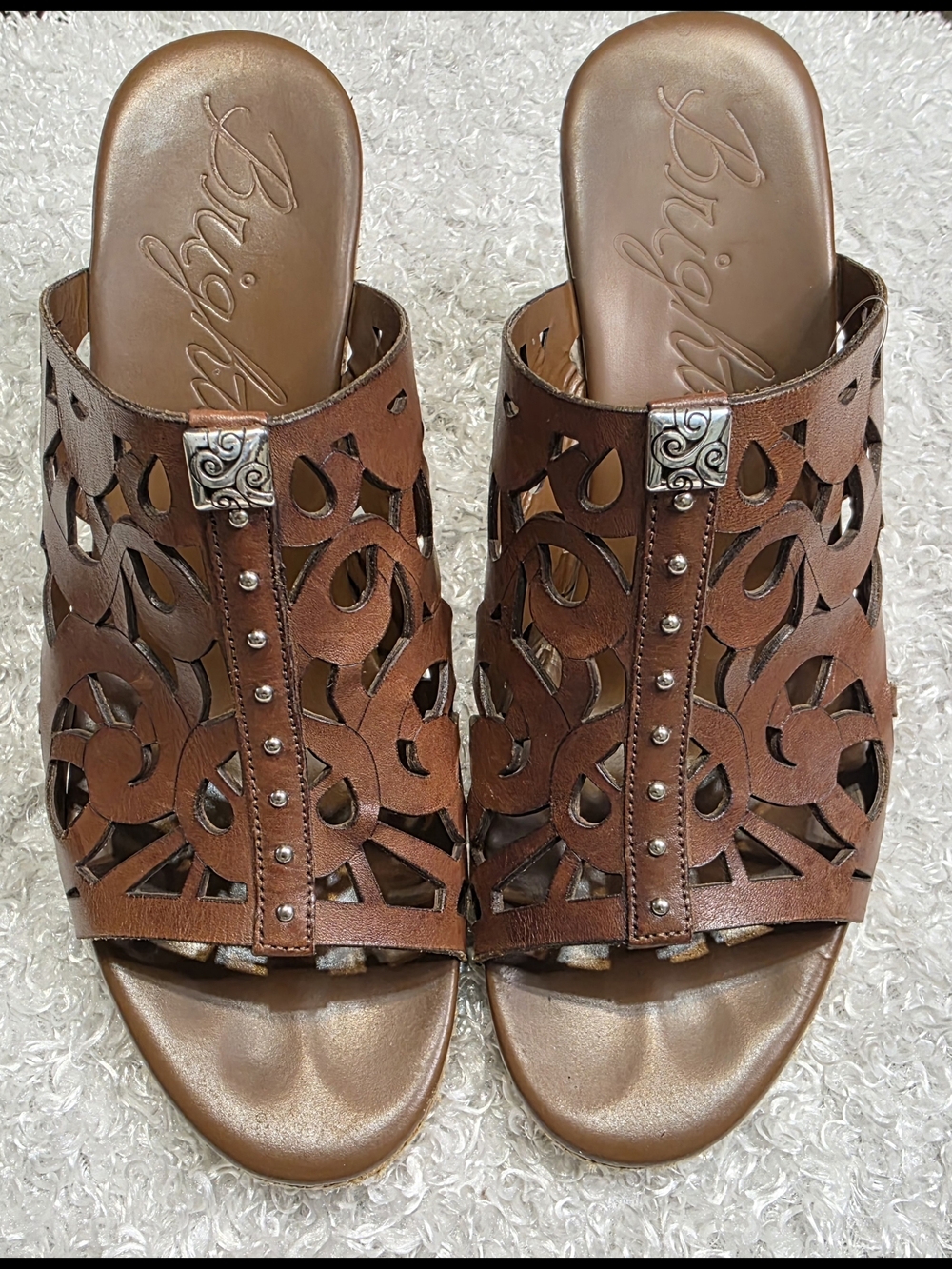 Brighton Brown Leather Laser-Cut Mule Slides with Stud Detail
